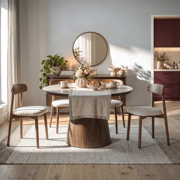Stół Rozkładany Okrągły OVAR 120-200 cm Ceramiczny Trawertyn/Orzech Japandi