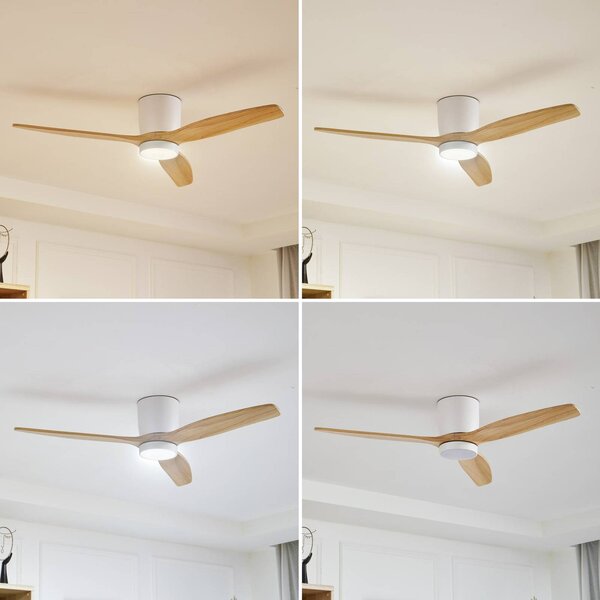 Wentylator sufitowy LED Lucande Faipari, jasne drewno, DC, 132 cm Faipari, biały / opal, salon / jadalnia, drewno, nowoczesny