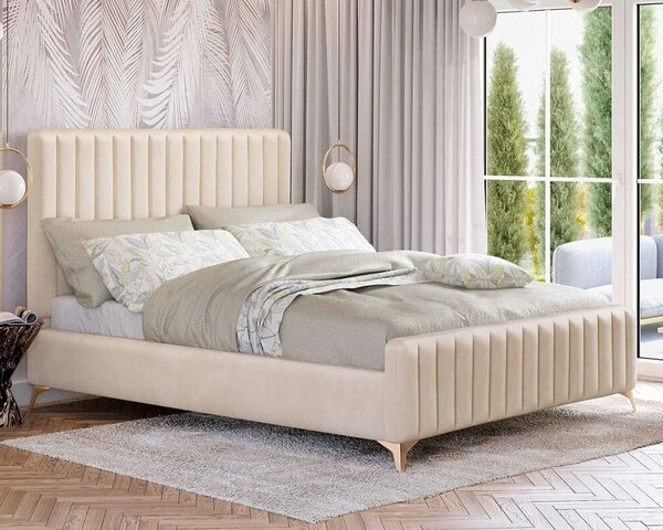 MebleMWM Łóżko tapicerowane BELANIA (SF1023P) w stylu Glamour | 160x200 | Welur | Beżowy