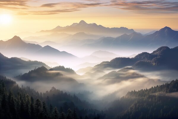 Fototapeta Krajobraz gór z mgłą i drzewami, Fototapety Natura, Popularne Fototapety, w08748 - Tapeko.pl