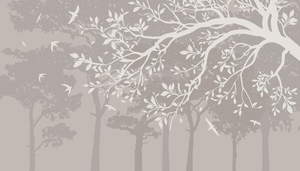 Fototapeta Grupa drzew z przelatującymi ptakami, Fototapety Natura, Popularne Fototapety, w03116 - Tapeko.pl