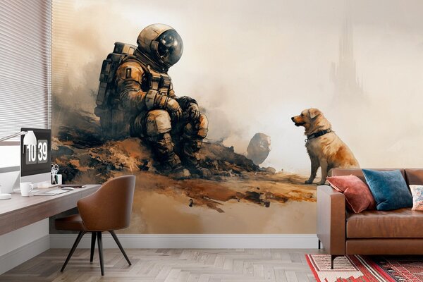 Fototapeta Astronauta siedzący na skale i patrzący na psa, Fototapety Kosmos, Popularne Fototapety, w03115 - Tapeko.pl