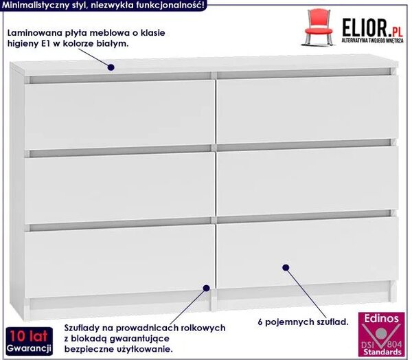 Biała komoda z 6 szufladami - Marea 120 cm