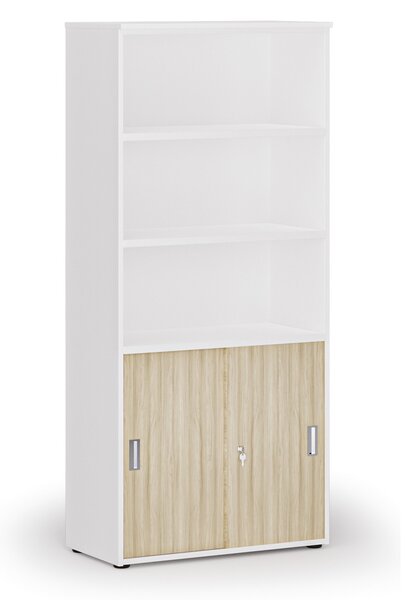 Szafa biurowa kombinowana PRIMO WHITE, drzwi przesuwne na 2 poziomach, 800 x 420 x 1781 mm, biały/dąb naturalny