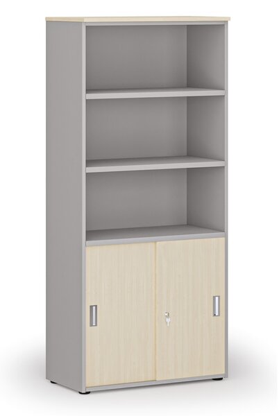 Szafa biurowa kombinowana PRIMO GRAY, drzwi przesuwne na 2 poziomach, 800 x 420 x 1781 mm, szary/brzoza