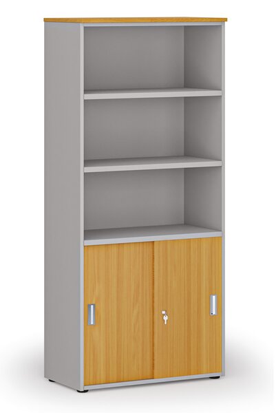 Szafa biurowa kombinowana PRIMO GRAY, drzwi przesuwne na 2 poziomach, 800 x 420 x 1781 mm, szary/buk