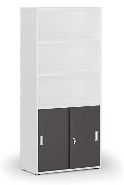 Szafa biurowa kombinowana PRIMO WHITE, drzwi przesuwne na 2 poziomach, 800 x 420 x 1781 mm, biały/grafit