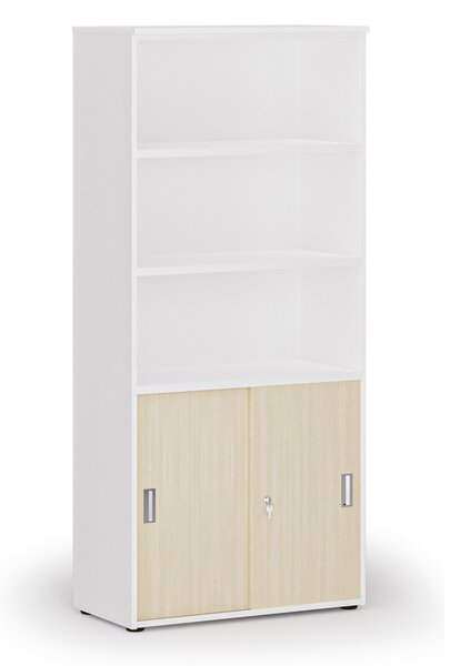 Szafa biurowa kombinowana PRIMO WHITE, drzwi przesuwne na 2 poziomach, 800 x 420 x 1781 mm, biały/brzoza