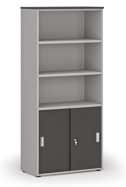 Szafa biurowa kombinowana PRIMO GRAY, drzwi przesuwne na 2 poziomach, 800 x 420 x 1781 mm, szary/grafit