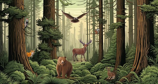 Fototapeta Las ze zwierzętami i ptakami, Fototapety Natura, Popularne Fototapety, w03208 - Tapeko.pl