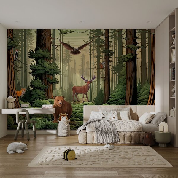 Fototapeta Las ze zwierzętami i ptakami, Fototapety Natura, Popularne Fototapety, w03208 - Tapeko.pl