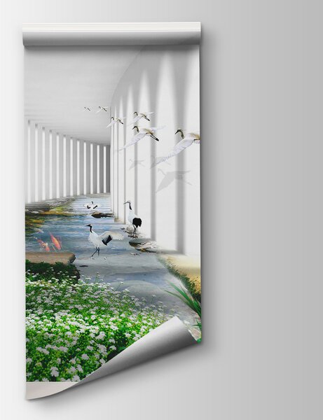Fototapeta Okno z widokiem na staw i kwiaty, Fototapety 3d, Popularne Fototapety, u06326 - Tapeko.pl
