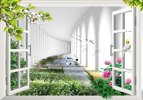 Fototapeta Okno z widokiem na staw i kwiaty, Fototapety 3d, Popularne Fototapety, u06326 - Tapeko.pl