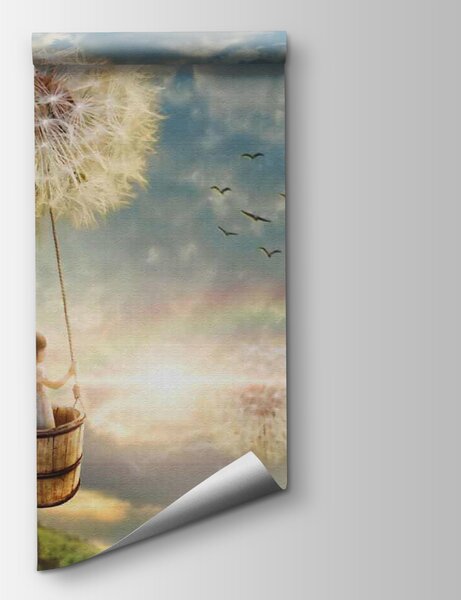 Fototapeta Dziewczynka w koszyku na huśtawce z mniszkiem lekarskim na niebie, Fototapety Dmuchawce, Popularne Fototapety, u16580 - Tapeko.pl