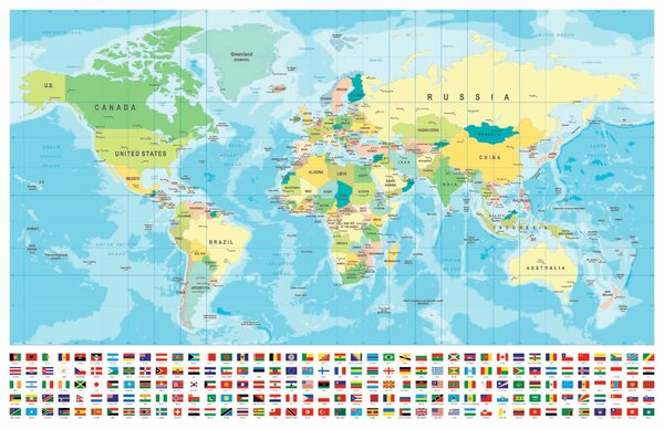 Fototapeta Mapa świata z różnymi flagami, Fototapety z mapami świata, Popularne Fototapety, u18208 - Tapeko.pl