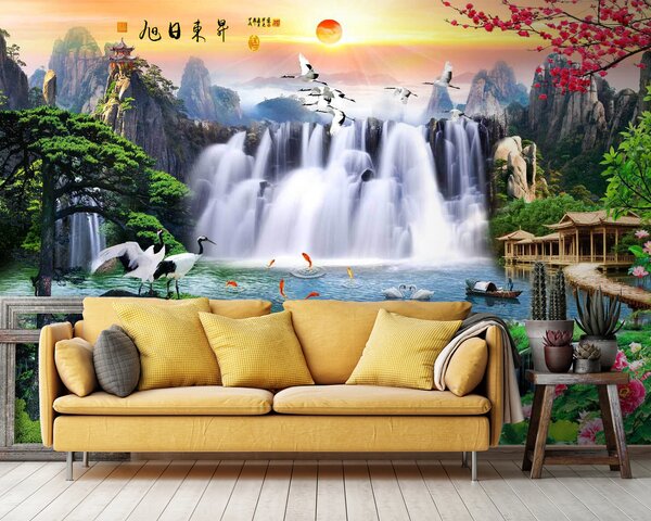 Fototapeta Wodospad z ptakami i kwiatami, Fototapety Natura, Popularne Fototapety, u23287 - Tapeko.pl