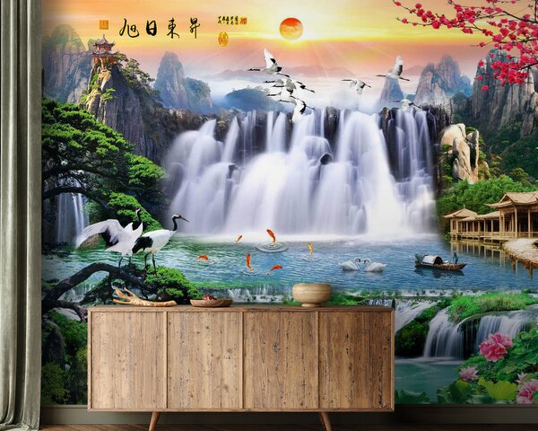 Fototapeta Wodospad z ptakami i kwiatami, Fototapety Natura, Popularne Fototapety, u23287 - Tapeko.pl