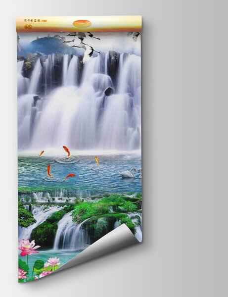 Fototapeta Wodospad z ptakami i kwiatami, Fototapety Natura, Popularne Fototapety, u23287 - Tapeko.pl