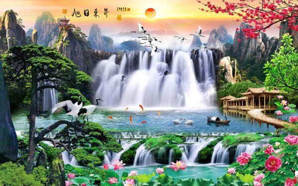 Fototapeta Wodospad z ptakami i kwiatami, Fototapety Natura, Popularne Fototapety, u23287 - Tapeko.pl