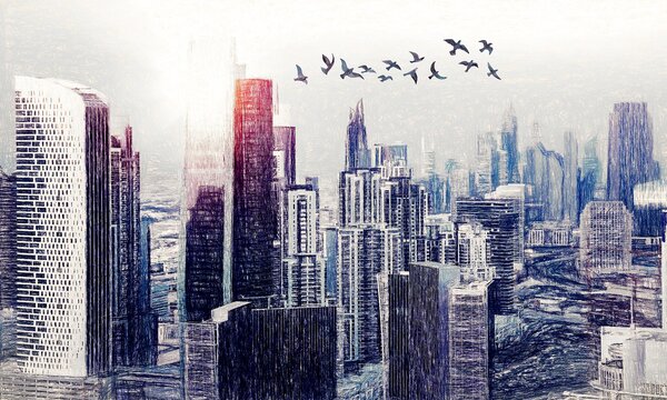 Fototapeta Ptaki przelatujące nad miastem, Fototapety Architektura, Popularne Fototapety, u29199 - Tapeko.pl