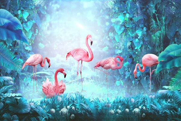Fototapeta Grupa różowych flamingów w lesie, Fototapety Natura, Popularne Fototapety, u41970 - Tapeko.pl