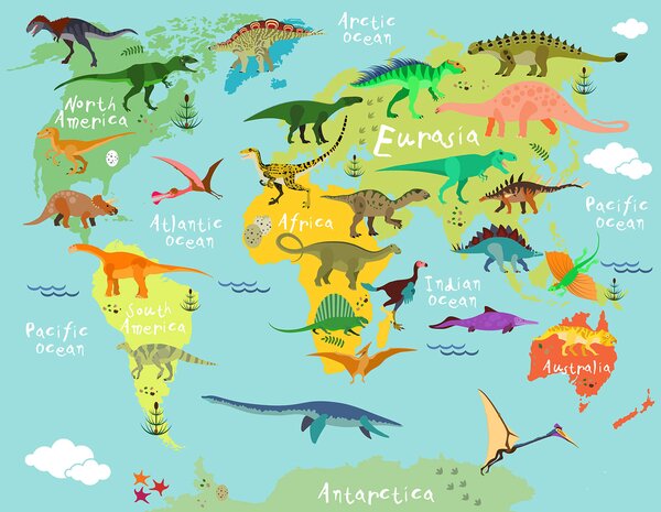 Fototapeta Mapa dinozaurów z białym tekstem, Fototapety Dinozaury, Popularne Fototapety, u50382 - Tapeko.pl