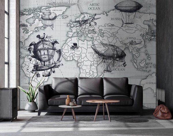 Fototapeta Mapa świata z różnymi typami balonów powietrznych, Fototapety z mapami świata, Popularne Fototapety, u50413 - Tapeko.pl
