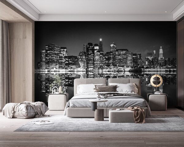 Fototapeta Panorama miasta nocą ze światłami odbijającymi się w wodzie, Fototapety Architektura, Popularne Fototapety, u56970 - Tapeko.pl