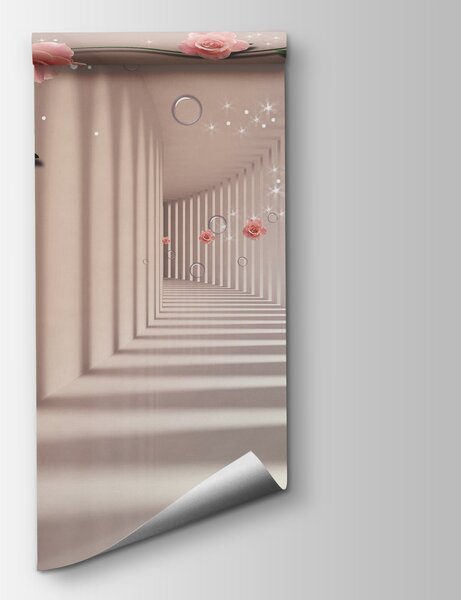 Fototapeta Tapeta z różowymi różami i białymi schodami, Fototapety 3d z kwiatami, Popularne Fototapety, u60194v3 - Tapeko.pl