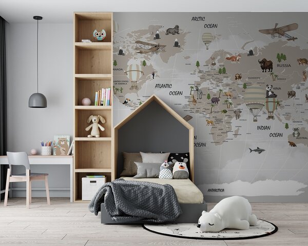 Fototapeta Mapa świata ze zwierzętami, Fototapety Dziecięce, Popularne Fototapety, u93386 - Tapeko.pl