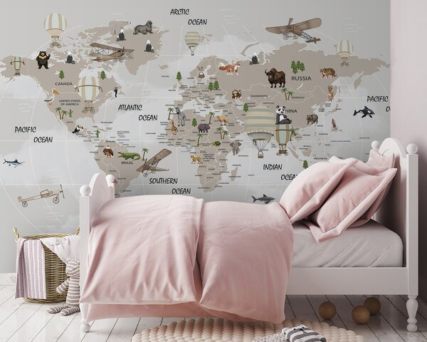 Fototapeta Mapa świata ze zwierzętami, Fototapety Dziecięce, Popularne Fototapety, u93386 - Tapeko.pl