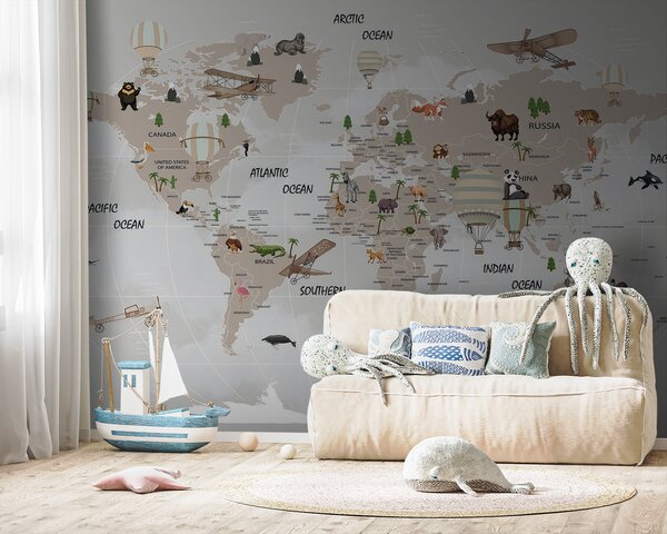 Fototapeta Mapa świata ze zwierzętami, Fototapety Dziecięce, Popularne Fototapety, u93386 - Tapeko.pl