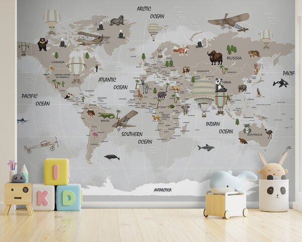 Fototapeta Mapa świata ze zwierzętami, Fototapety Dziecięce, Popularne Fototapety, u93386 - Tapeko.pl