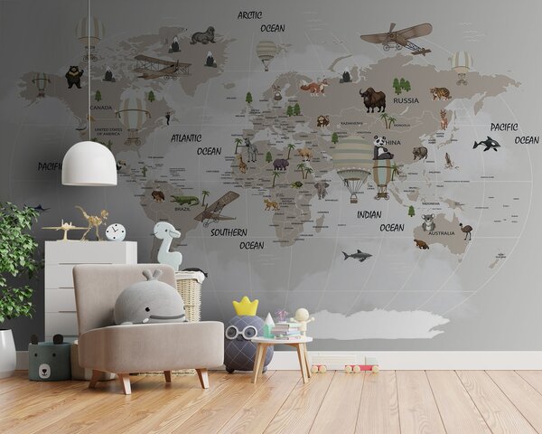 Fototapeta Mapa świata ze zwierzętami, Fototapety Dziecięce, Popularne Fototapety, u93386 - Tapeko.pl
