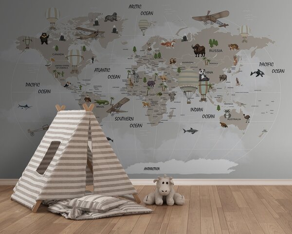 Fototapeta Mapa świata ze zwierzętami, Fototapety Dziecięce, Popularne Fototapety, u93386 - Tapeko.pl