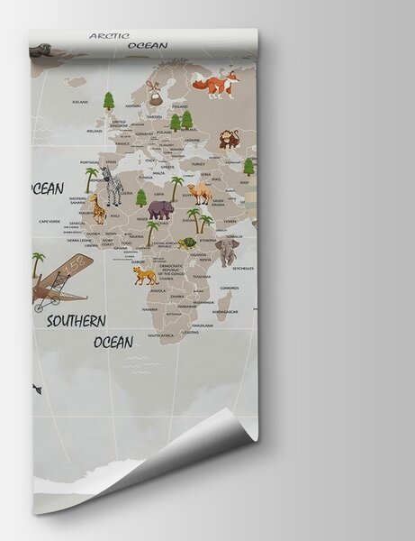 Fototapeta Mapa świata ze zwierzętami, Fototapety Dziecięce, Popularne Fototapety, u93386 - Tapeko.pl