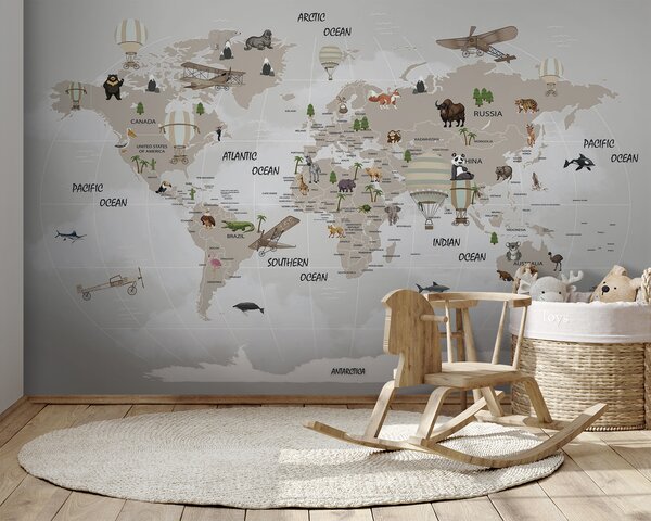 Fototapeta Mapa świata ze zwierzętami, Fototapety Dziecięce, Popularne Fototapety, u93386 - Tapeko.pl
