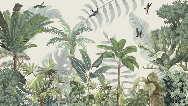 Fototapeta Tapeta z tropikalnymi roślinami i ptakami, Fototapety Natura, Popularne Fototapety, w03252 - Tapeko.pl