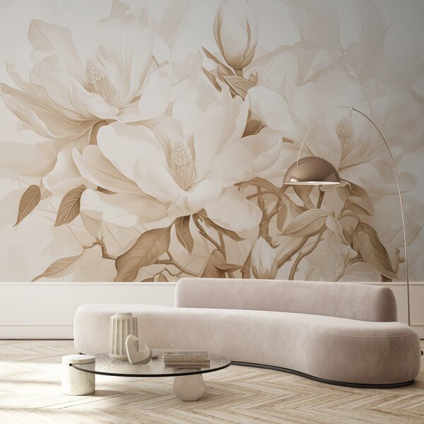 Fototapety Kwiaty magnolii z białymi i beżowymi płatkami, liśćmi i brązowymi gałązkami, miękki i delikatny, Fototapety Kwiaty, w08886 : Uwalls.pl