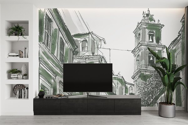 Fototapeta Rysunek budynku z dzwonami, Fototapety miasta na ścianie, Popularne Fototapety, w03350v2 - Tapeko.pl