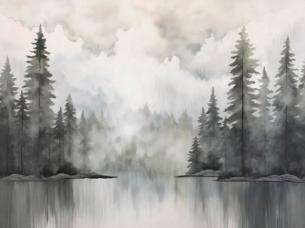 Fototapeta Akwarela przedstawiająca las i jezioro, Fototapety Natura, Popularne Fototapety, w03387 - Tapeko.pl