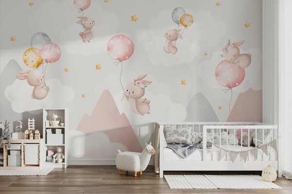 Fototapeta Grupa króliczków trzymających balony na niebie, Fototapety z zwierzętami, Popularne Fototapety, w03375 - Tapeko.pl