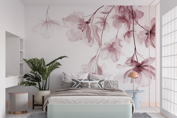 Fototapety Różowe kwiaty z półprzezroczystymi płatkami zwisającymi z gałęzi, różowo-biała,, Fototapety Las, Fototapety Drzewa, w08911v2 : Uwalls.pl