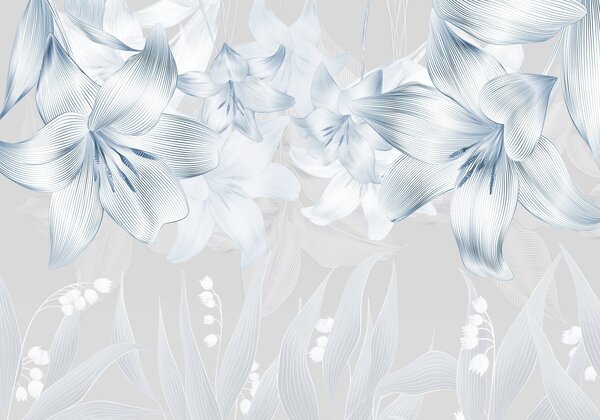 Fototapety Niebieskie lilie z misternymi detalami, elegancka kompozycja kwiatowa, neutralna paleta kolorów, Fototapety Kwiaty, w08912v1 : Uwalls.pl