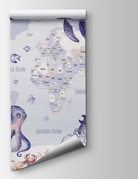 Fototapeta Mapa świata ze zwierzętami morskimi, Fototapety Dziecięce, Popularne Fototapety, w03526v1 - Tapeko.pl