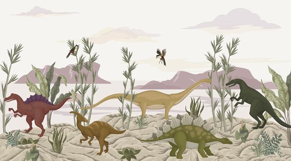 Fototapeta Grupa dinozaurów na pustyni, Fototapety Dinozaury, Popularne Fototapety, w03562 - Tapeko.pl