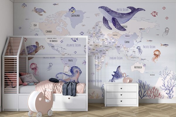 Fototapeta Mapa świata ze zwierzętami morskimi, Fototapety Dziecięce, Popularne Fototapety, w03526v1 - Tapeko.pl