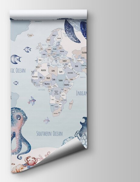 Fototapeta Mapa świata ze zwierzętami morskimi, Fototapety z mapami świata, Popularne Fototapety, w03526 - Tapeko.pl