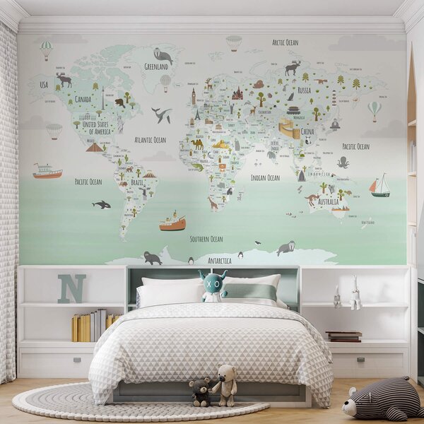 Fototapeta Mapa świata ze zwierzętami, Fototapety z mapami świata, Popularne Fototapety, w03410v2 - Tapeko.pl