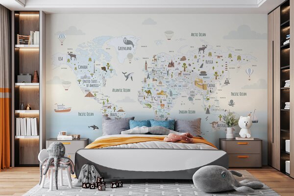 Fototapeta Mapa świata z różnymi zwierzętami, Fototapety z mapami świata, Popularne Fototapety, w03410 - Tapeko.pl